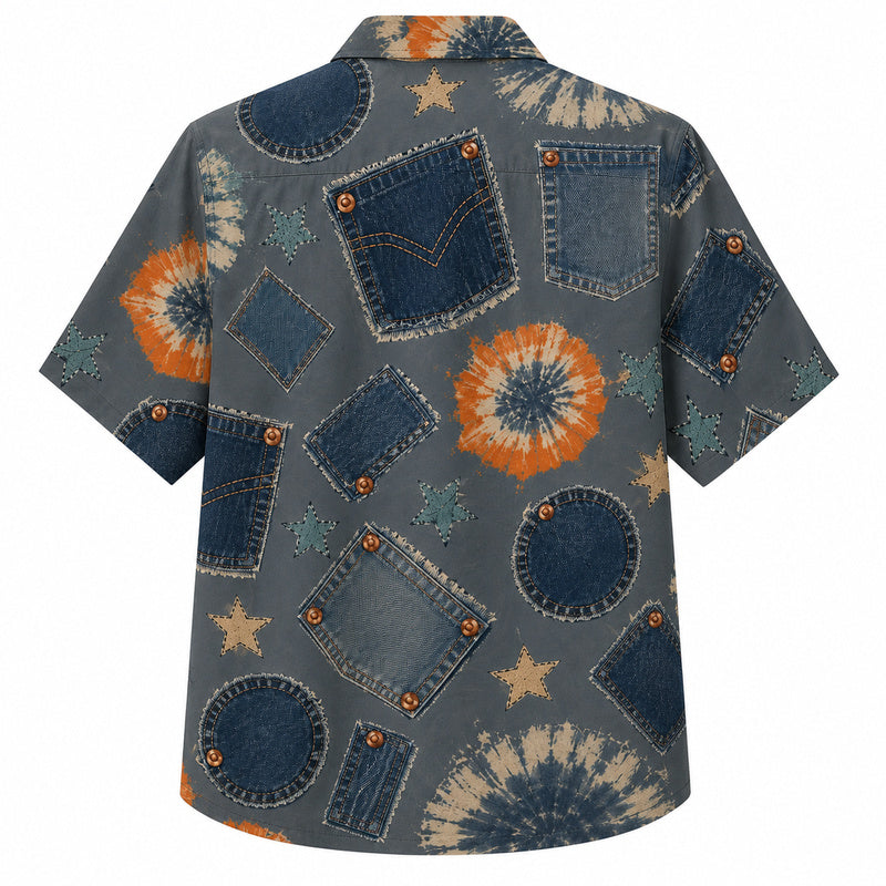 Labor Day Hawaiian Shirt - Denim Pocket Tie-Dye Star Print for the Jobsite