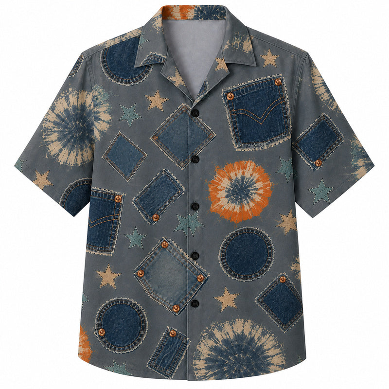 Labor Day Hawaiian Shirt - Denim Pocket Tie-Dye Star Print for the Jobsite