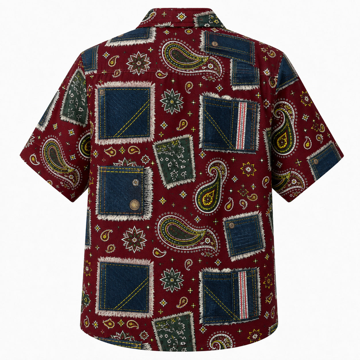 Labor Day Hawaiian Shirt- Denim Pocket and Bandana Paisley Patchwork