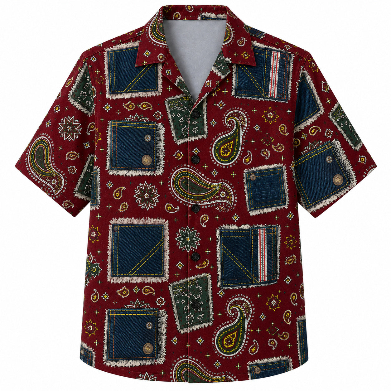 Labor Day Hawaiian Shirt- Denim Pocket and Bandana Paisley Patchwork