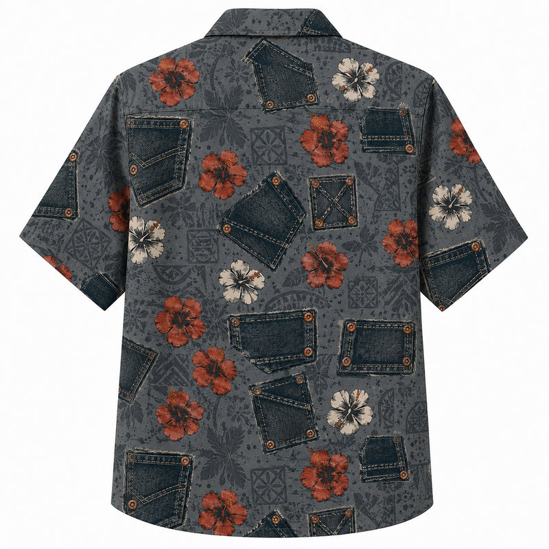 Labor Day Hawaiian Shirt- Denim Pocket and Hibiscus Print on Slate