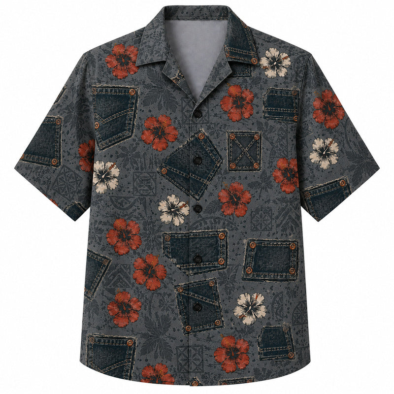 Labor Day Hawaiian Shirt- Denim Pocket and Hibiscus Print on Slate