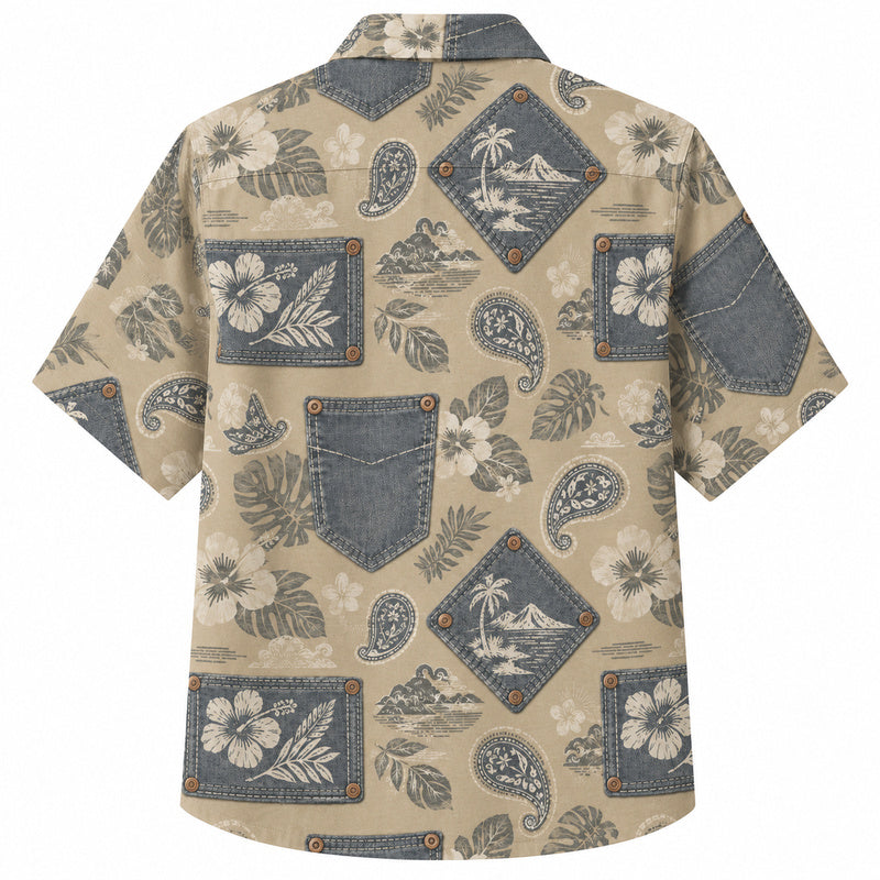 Labor Day Hawaiian Shirt- Denim Pocket and Paisley Island Print