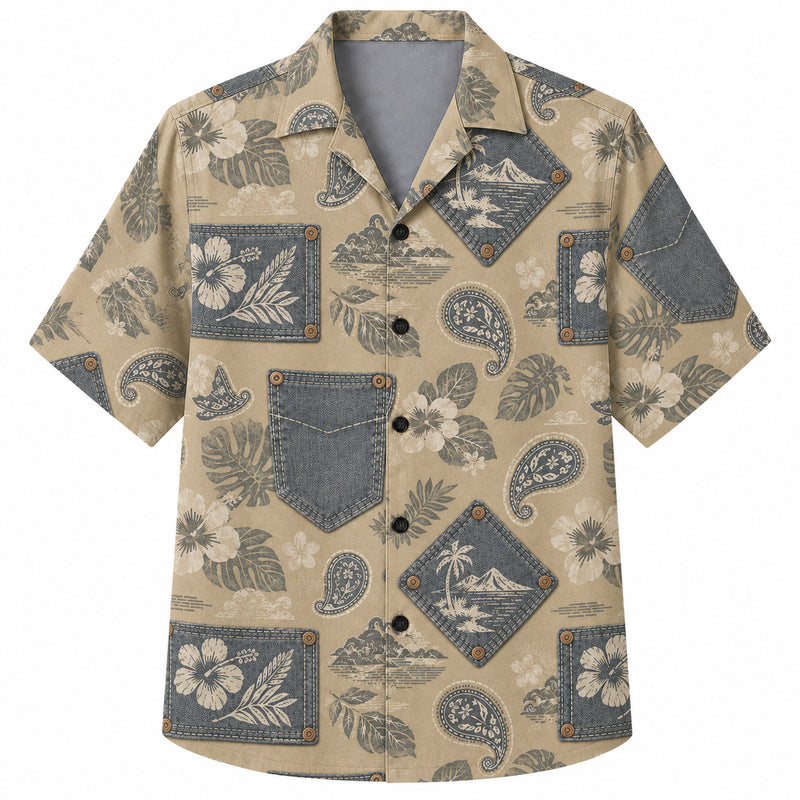 Labor Day Hawaiian Shirt- Denim Pocket and Paisley Island Print