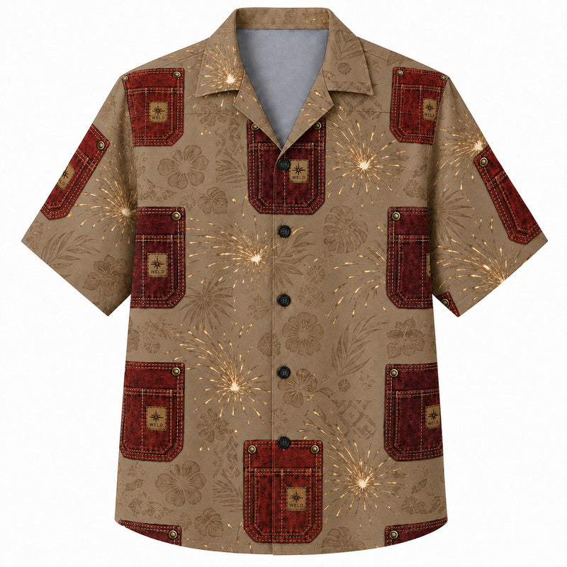 Labor Day Hawaiian Shirt- Denim Pocket and Sparkler Print for Summer