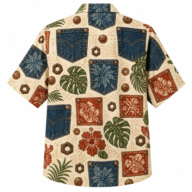 Labor Day Hawaiian Shirt- Denim Pocket and Tapa Square Print for Summer