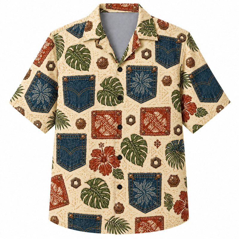 Labor Day Hawaiian Shirt- Denim Pocket and Tapa Square Print for Summer