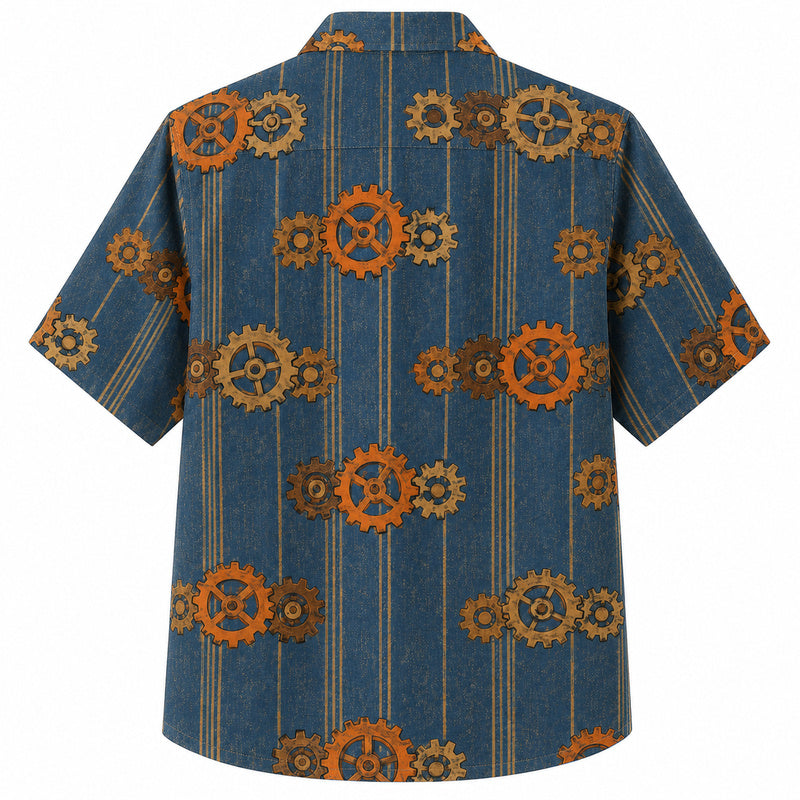 Labor Day Hawaiian Shirt - Denim Stripe Brass Gear Print for Weekend Wear