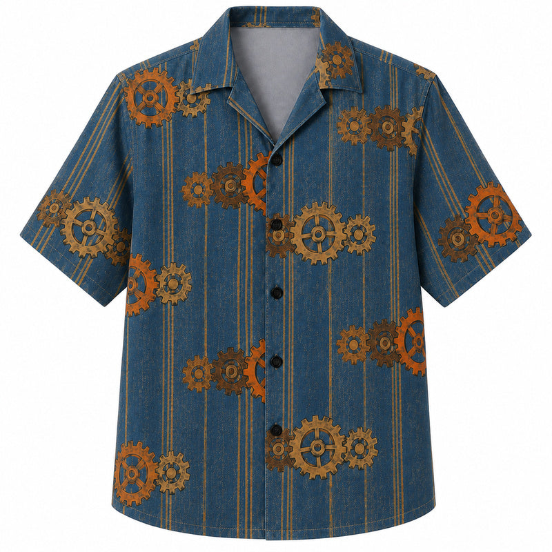 Labor Day Hawaiian Shirt - Denim Stripe Brass Gear Print for Weekend Wear