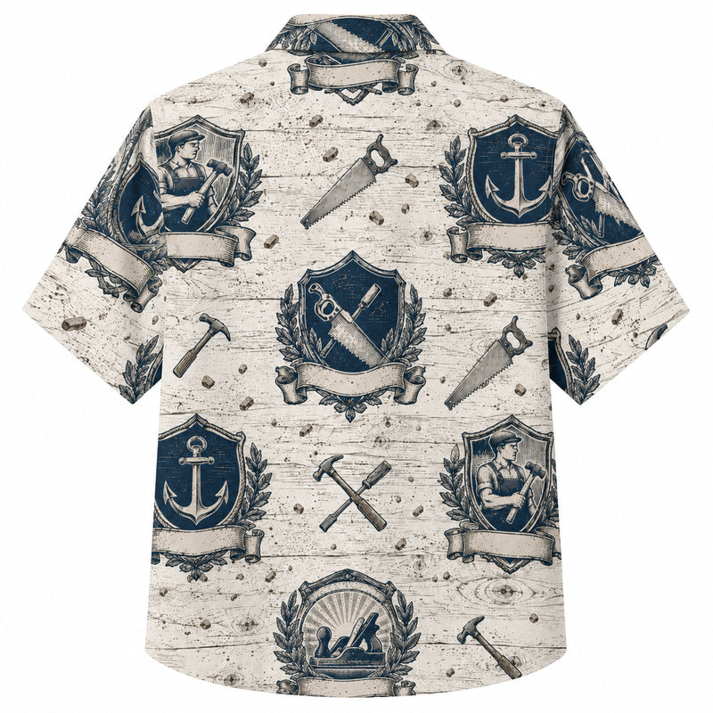 Labor Day Hawaiian Shirt- Emblem Saw Anchor Crest Print for Workers
