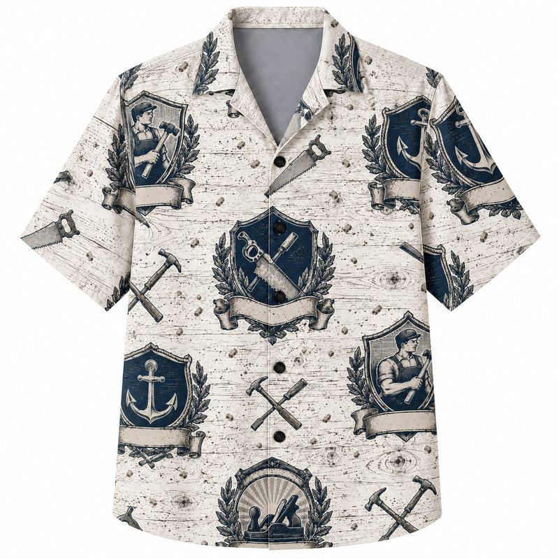 Labor Day Hawaiian Shirt- Emblem Saw Anchor Crest Print for Workers