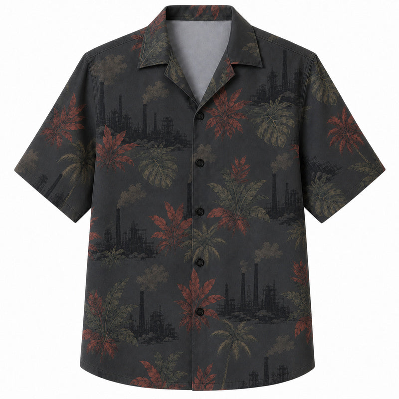 Labor Day Hawaiian Shirt- Factory Dusk and Palm Silhouette Print