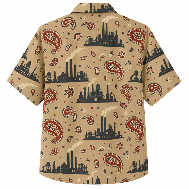 Labor Day Hawaiian Shirt- Factory Skyline and Paisley Print for Summer
