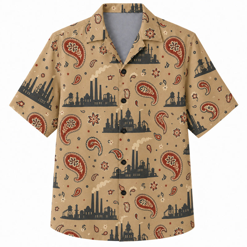 Labor Day Hawaiian Shirt- Factory Skyline and Paisley Print for Summer