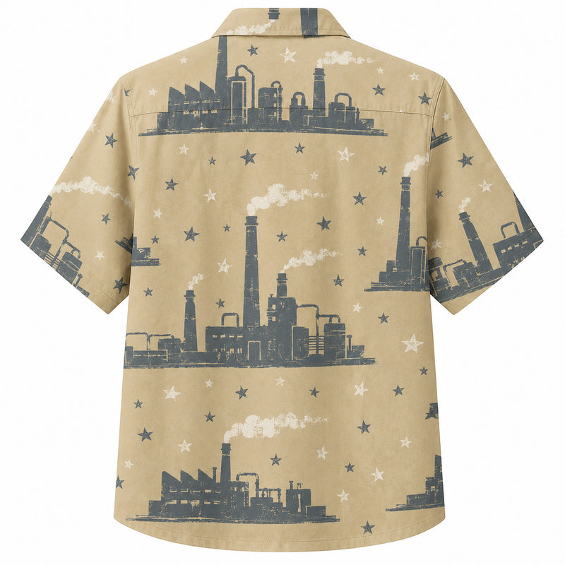 Labor Day Hawaiian Shirt- Factory Skyline and Smokestack Star Print