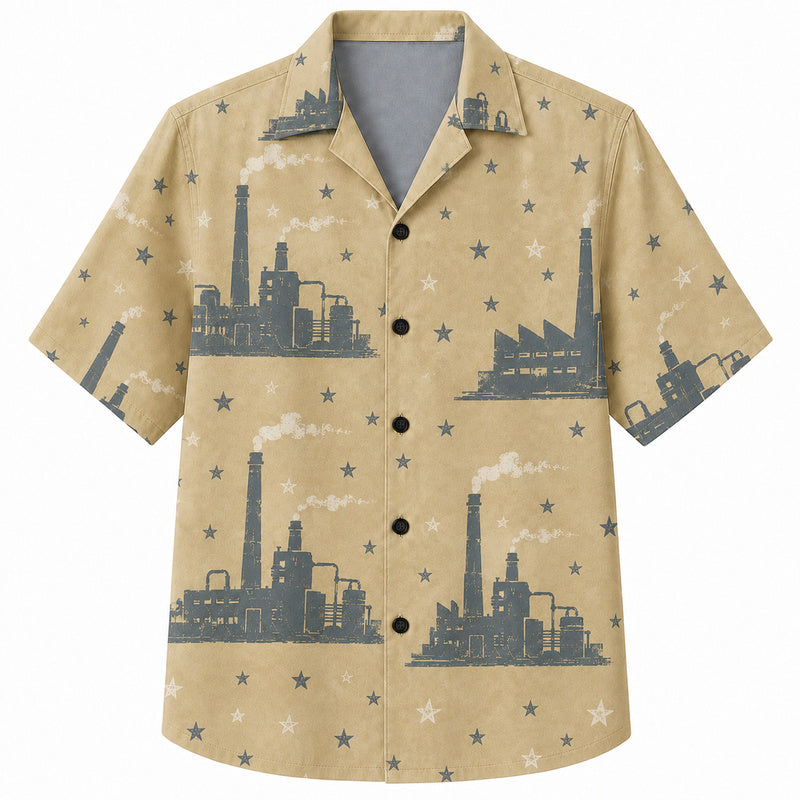 Labor Day Hawaiian Shirt- Factory Skyline and Smokestack Star Print