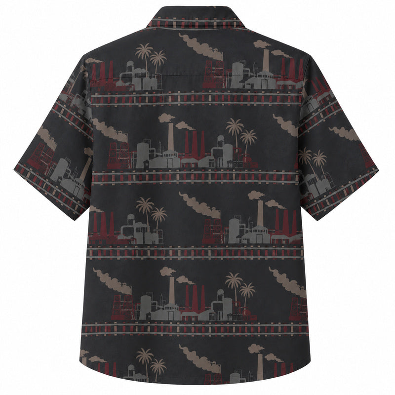 Labor Day Hawaiian Shirt- Factory and Palm Skyline Stripe Print