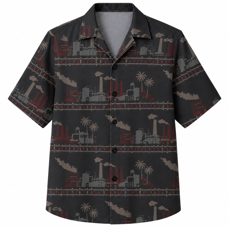 Labor Day Hawaiian Shirt- Factory and Palm Skyline Stripe Print