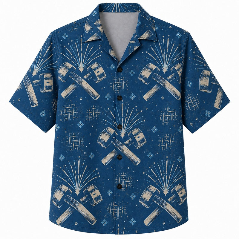Labor Day Hawaiian Shirt Firework Bat Blue Print for the Holiday