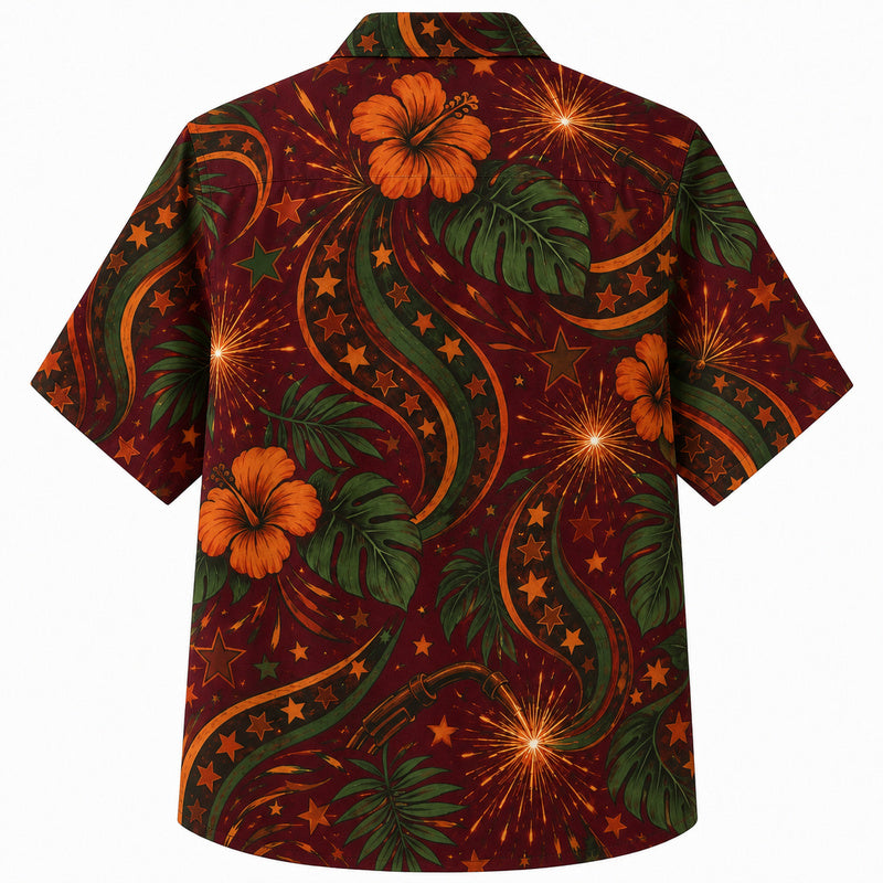 Labor Day Hawaiian Shirt - Firework Hibiscus Ribbon Print for Weekend Wear