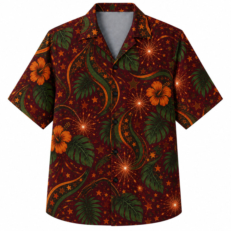 Labor Day Hawaiian Shirt - Firework Hibiscus Ribbon Print for Weekend Wear