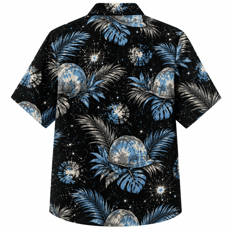 Labor Day Hawaiian Shirt- Firework Night Hard Hat and Palm Print