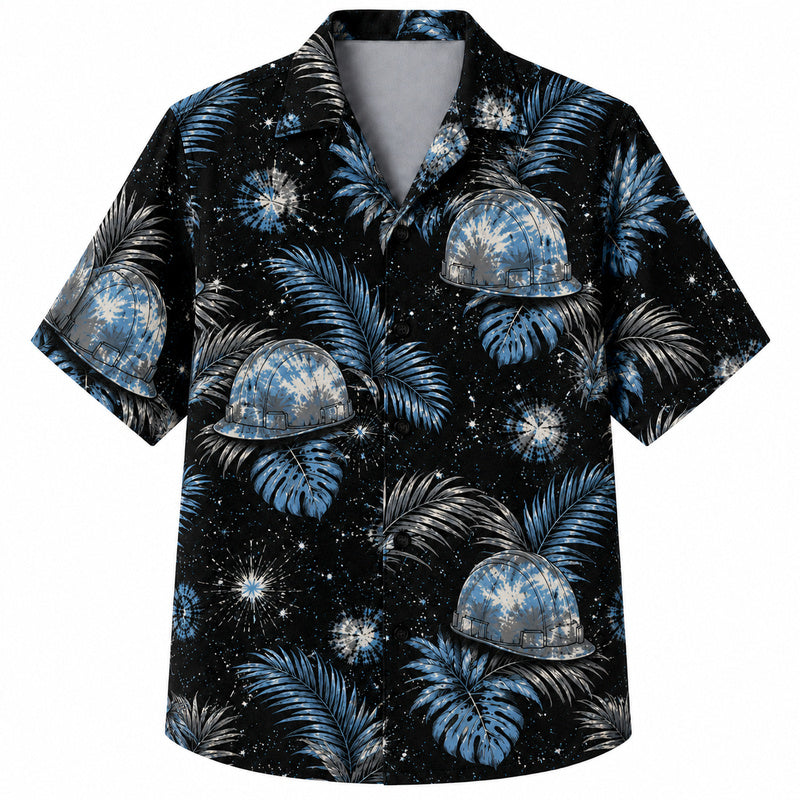 Labor Day Hawaiian Shirt- Firework Night Hard Hat and Palm Print