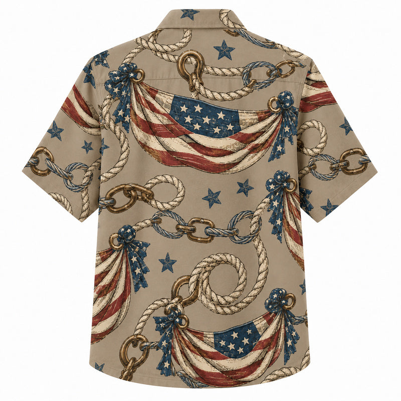 Labor Day Hawaiian Shirt- Flag Bunting Rope and Star Print in Tan