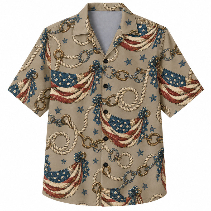 Labor Day Hawaiian Shirt- Flag Bunting Rope and Star Print in Tan