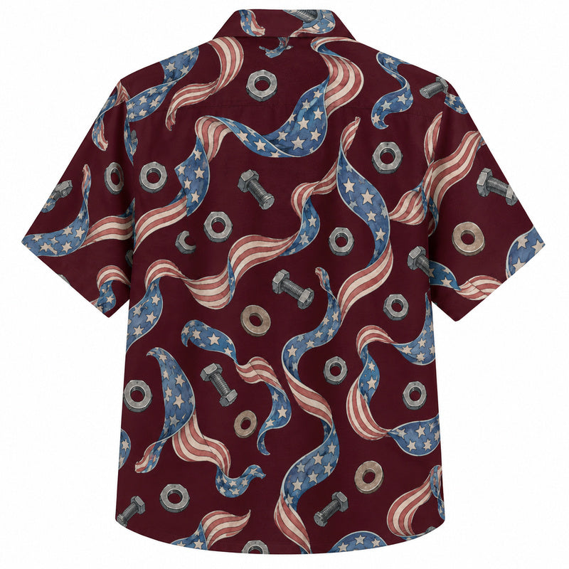 Labor Day Hawaiian Shirt- Flag Ribbon with Bolt and Washer Print