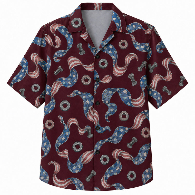 Labor Day Hawaiian Shirt- Flag Ribbon with Bolt and Washer Print