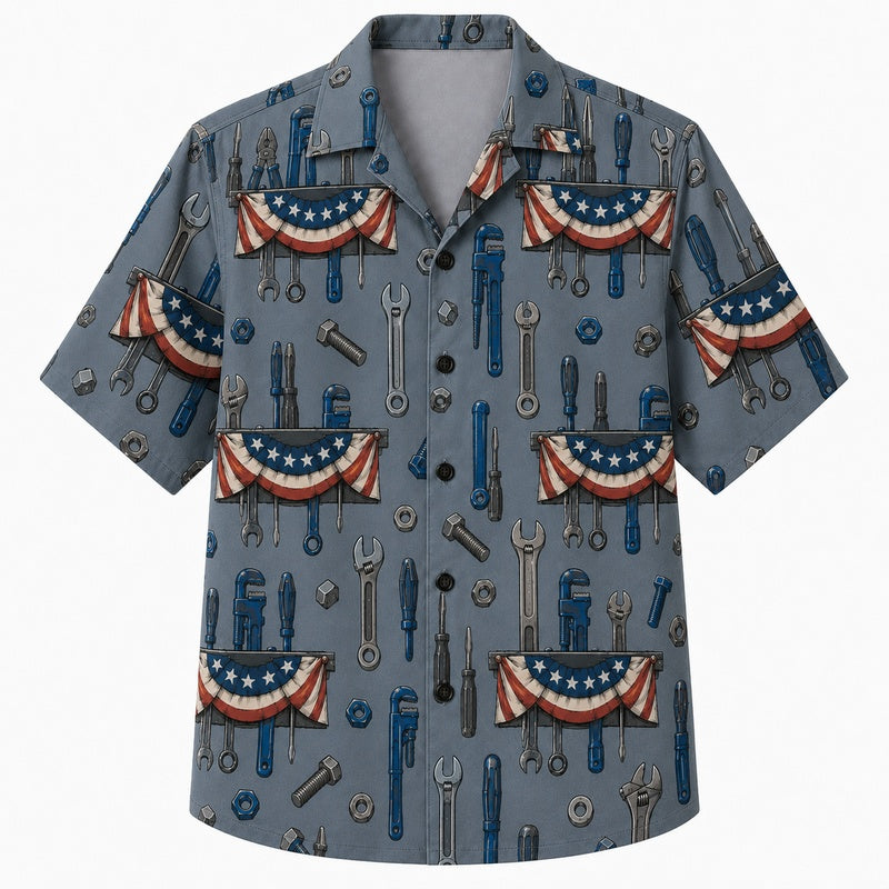 Labor Day Hawaiian Shirt Flag Wrench Grey Print for the Holiday