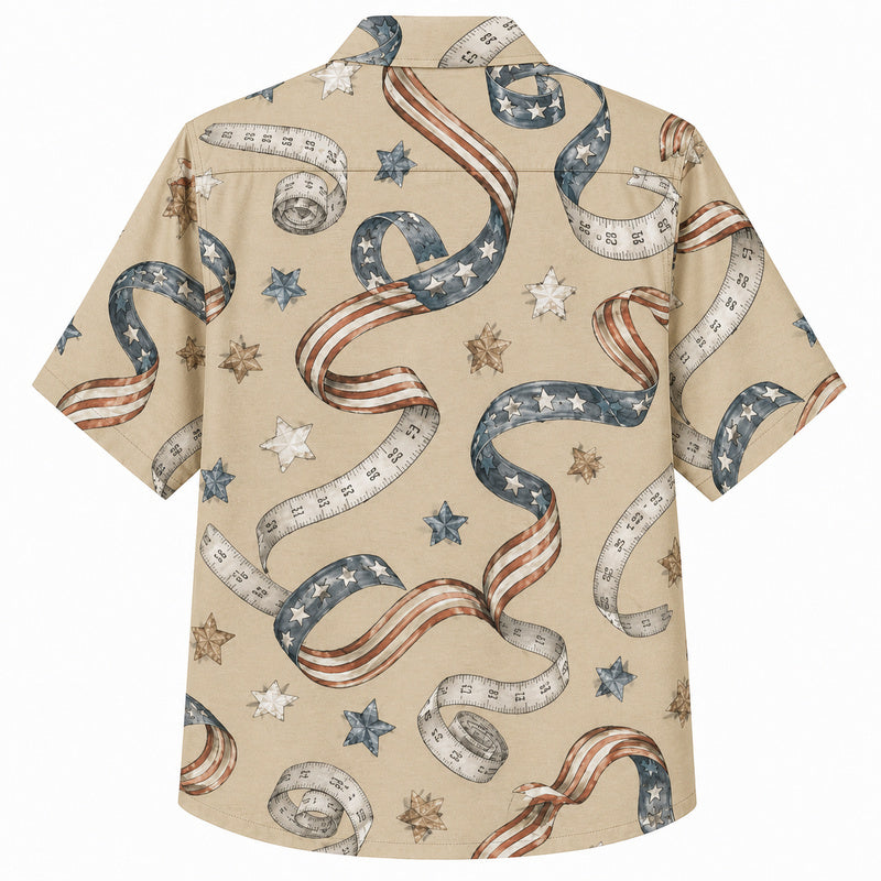 Labor Day Hawaiian Shirt- Flag and Tape Measure Ribbon Print