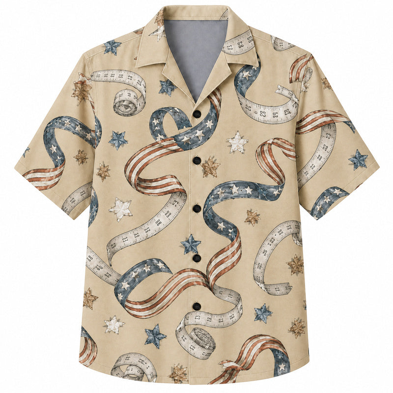 Labor Day Hawaiian Shirt- Flag and Tape Measure Ribbon Print