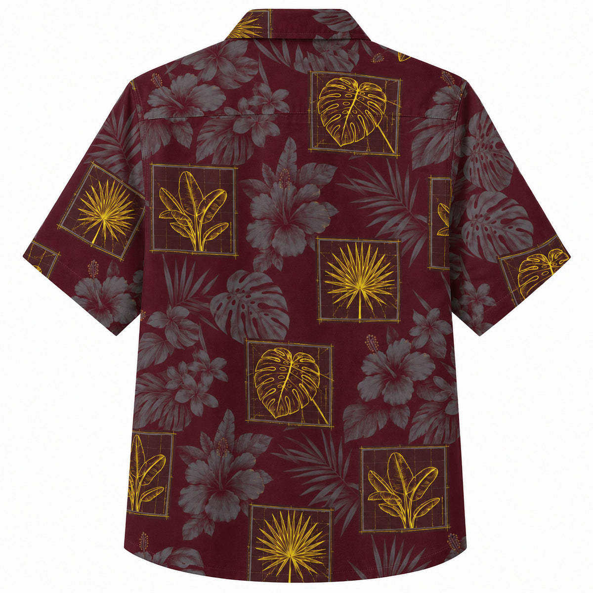 Labor Day Hawaiian Shirt- Framed Palm Leaf and Hibiscus in Burgundy