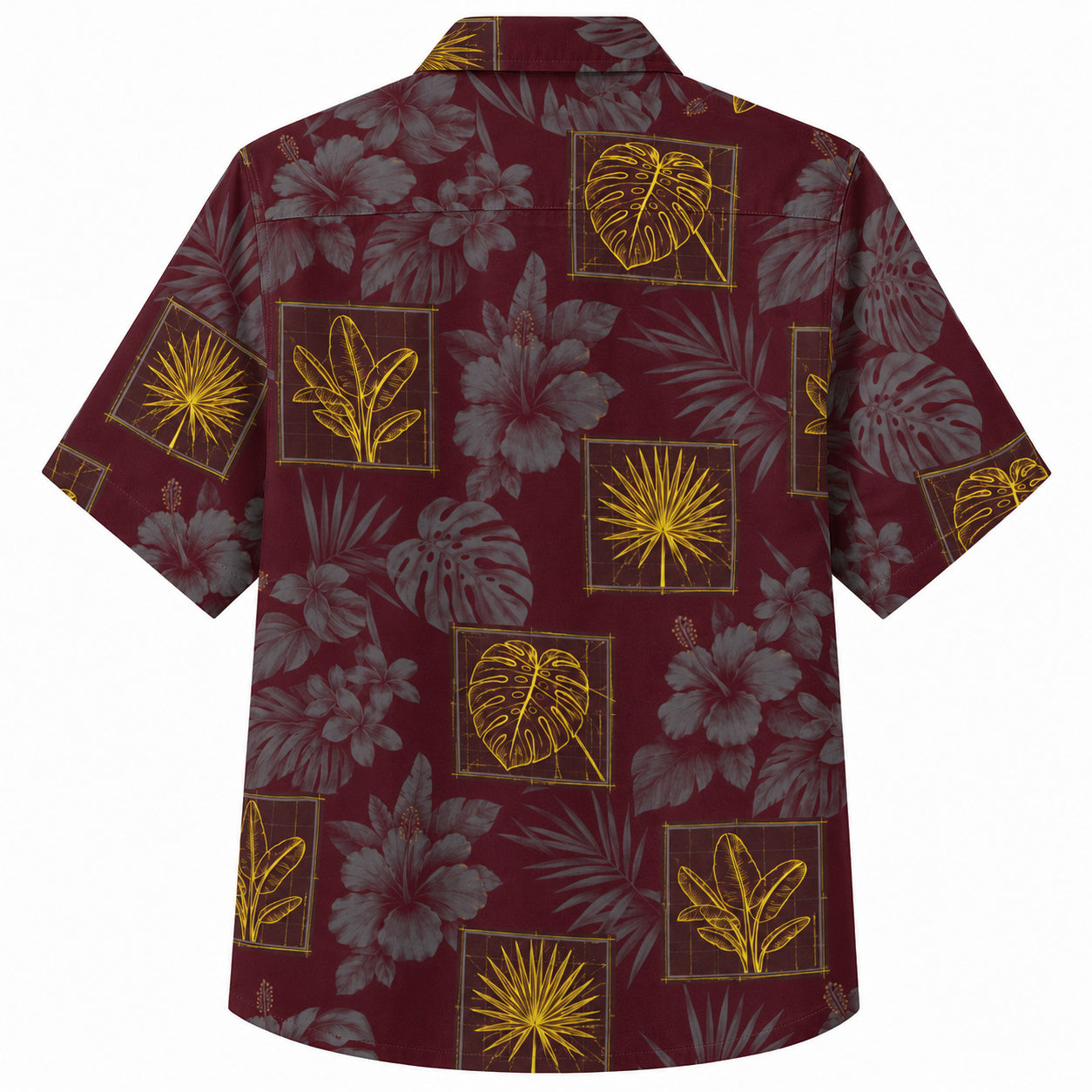Labor Day Hawaiian Shirt- Framed Palm Leaf and Hibiscus in Burgundy
