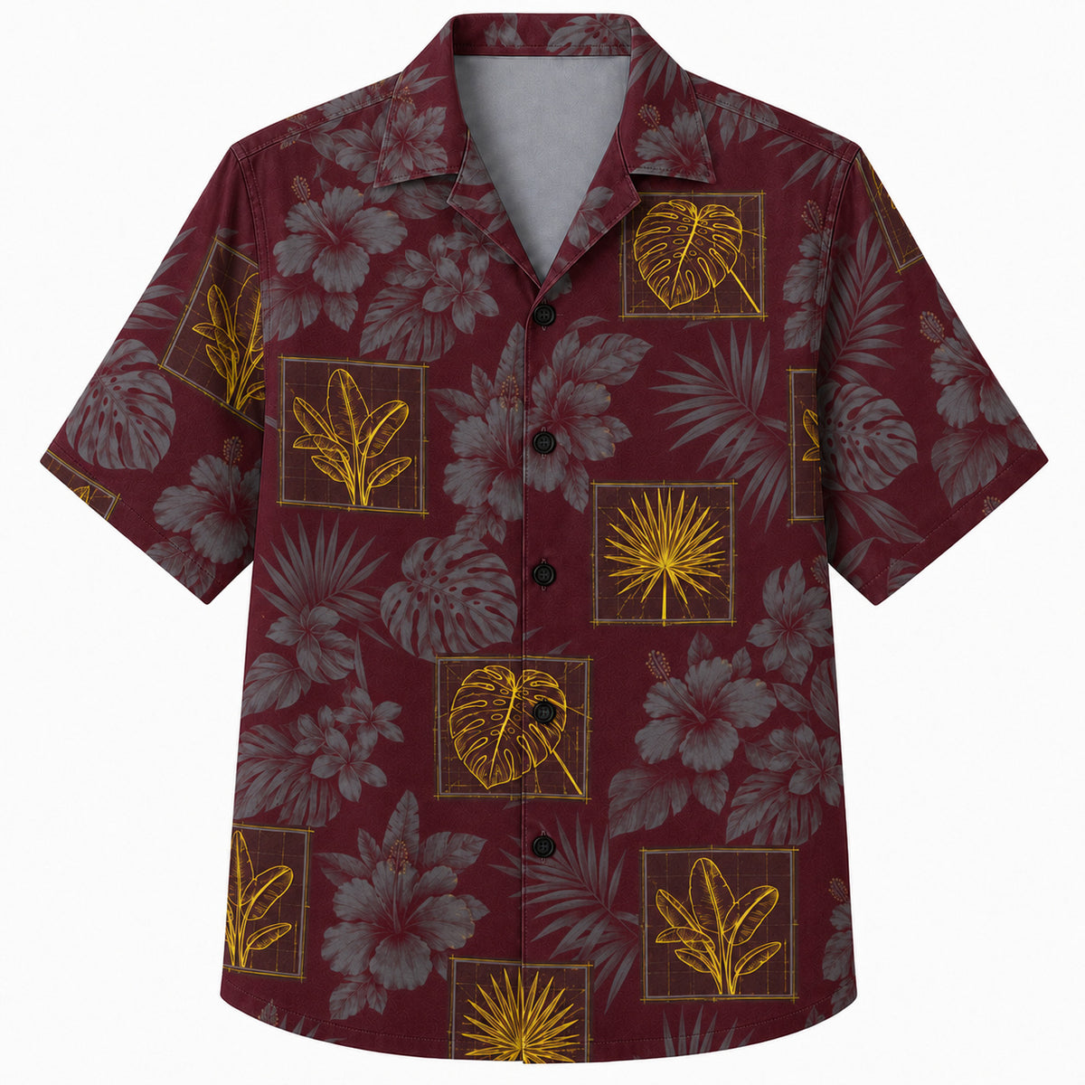 Labor Day Hawaiian Shirt- Framed Palm Leaf and Hibiscus in Burgundy