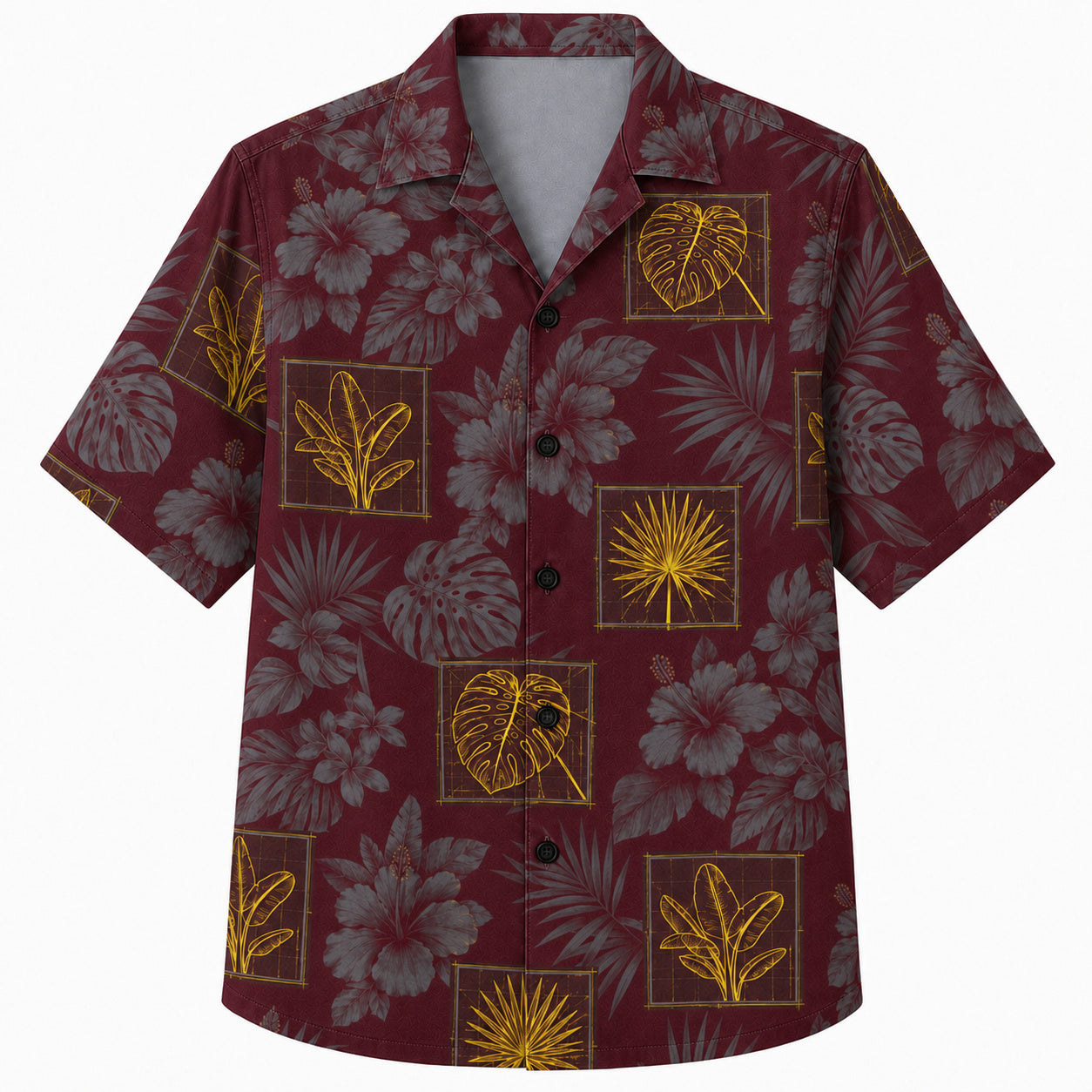 Labor Day Hawaiian Shirt- Framed Palm Leaf and Hibiscus in Burgundy