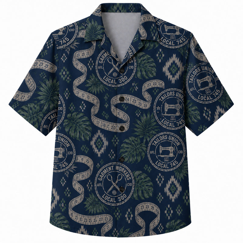 Labor Day Hawaiian Shirt- Garment Union Stamp and Sewing Print