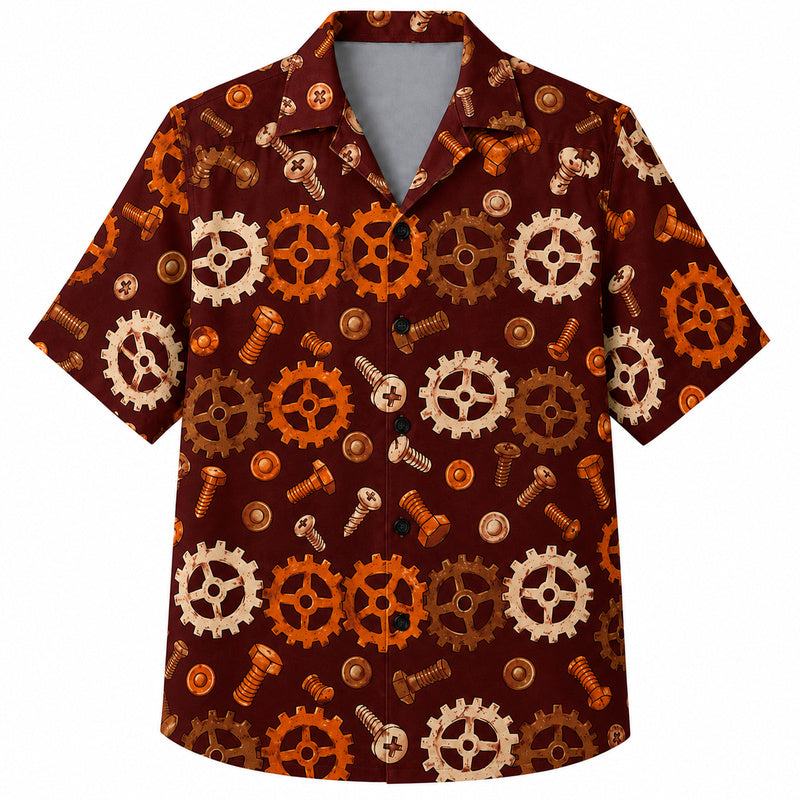 Labor Day Hawaiian Shirt - Gear Bolt and Screw Print for Summer