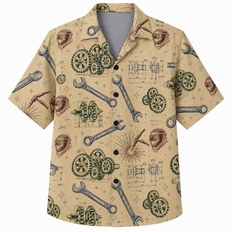 Labor Day Hawaiian Shirt Gear Wrench Cream Print for the Holiday