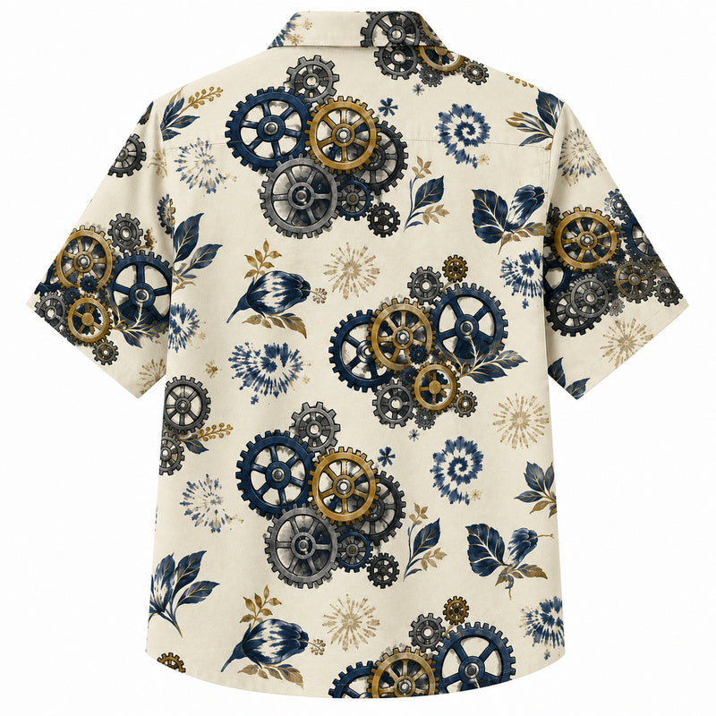 Labor Day Hawaiian Shirt- Gear and Bloom Botanical Print for Summer