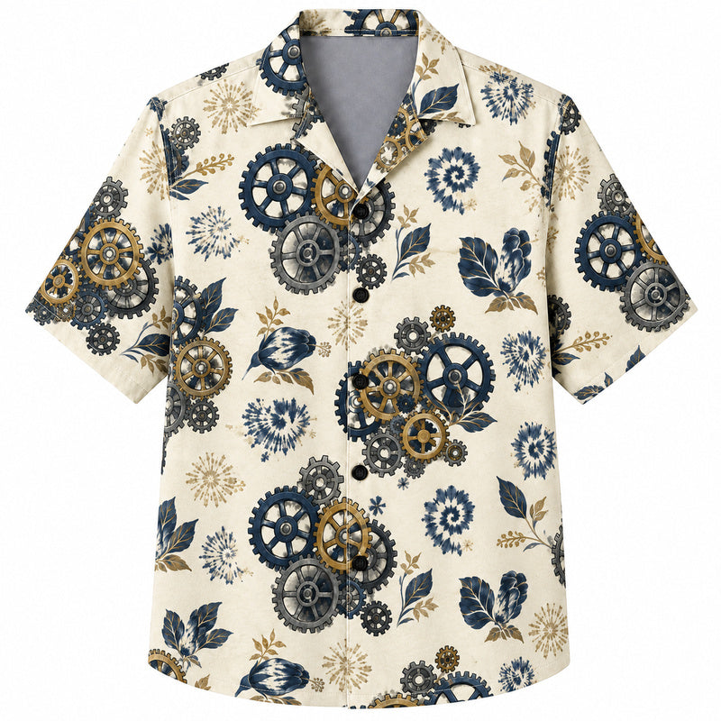 Labor Day Hawaiian Shirt- Gear and Bloom Botanical Print for Summer