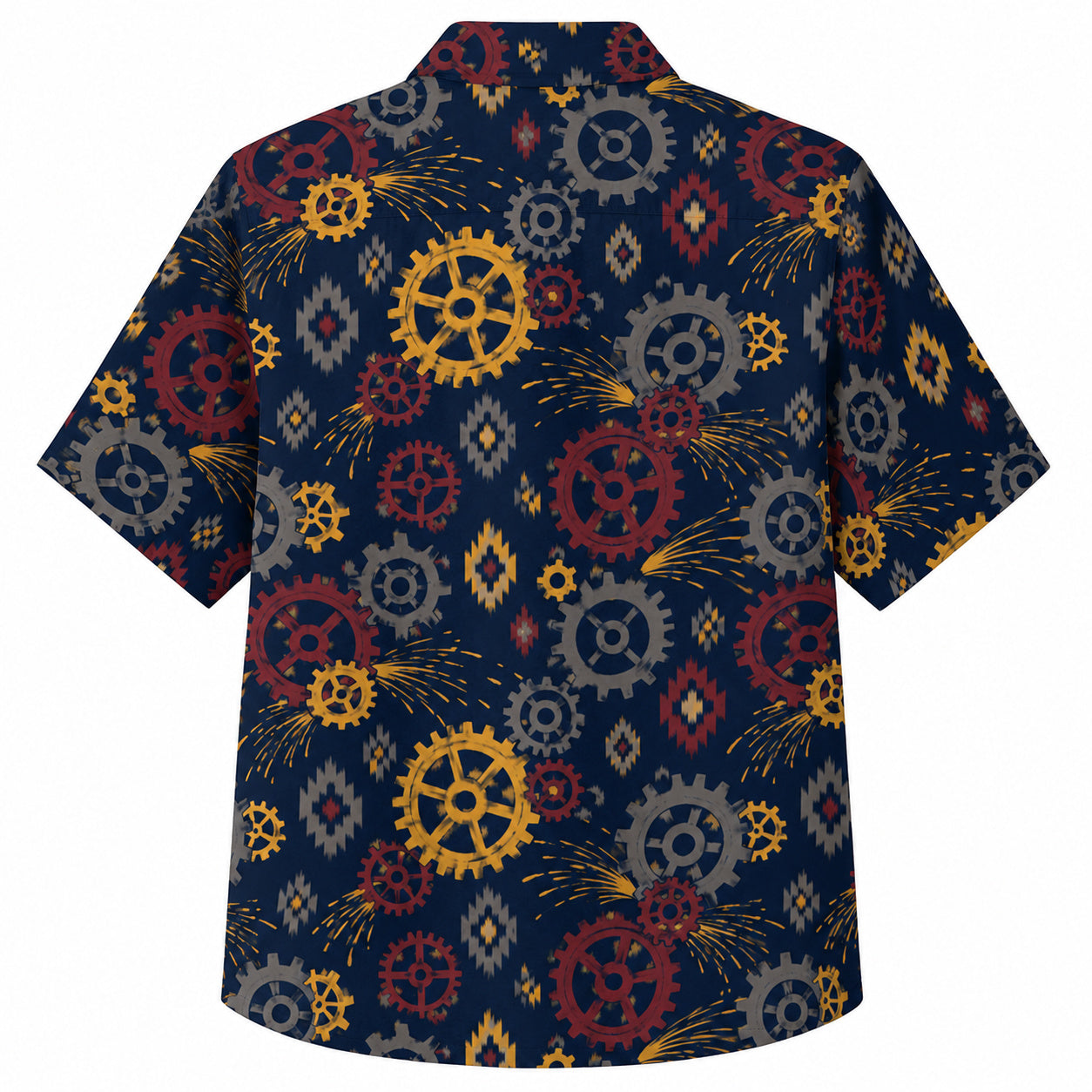 Labor Day Hawaiian Shirt- Gear and Spark Aztec Diamond Print in Navy