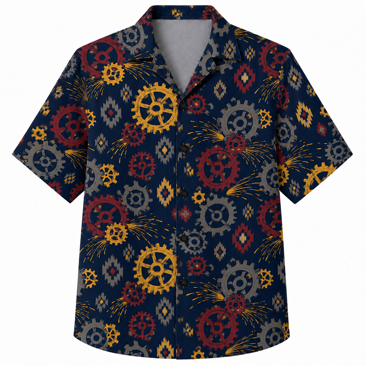 Labor Day Hawaiian Shirt- Gear and Spark Aztec Diamond Print in Navy