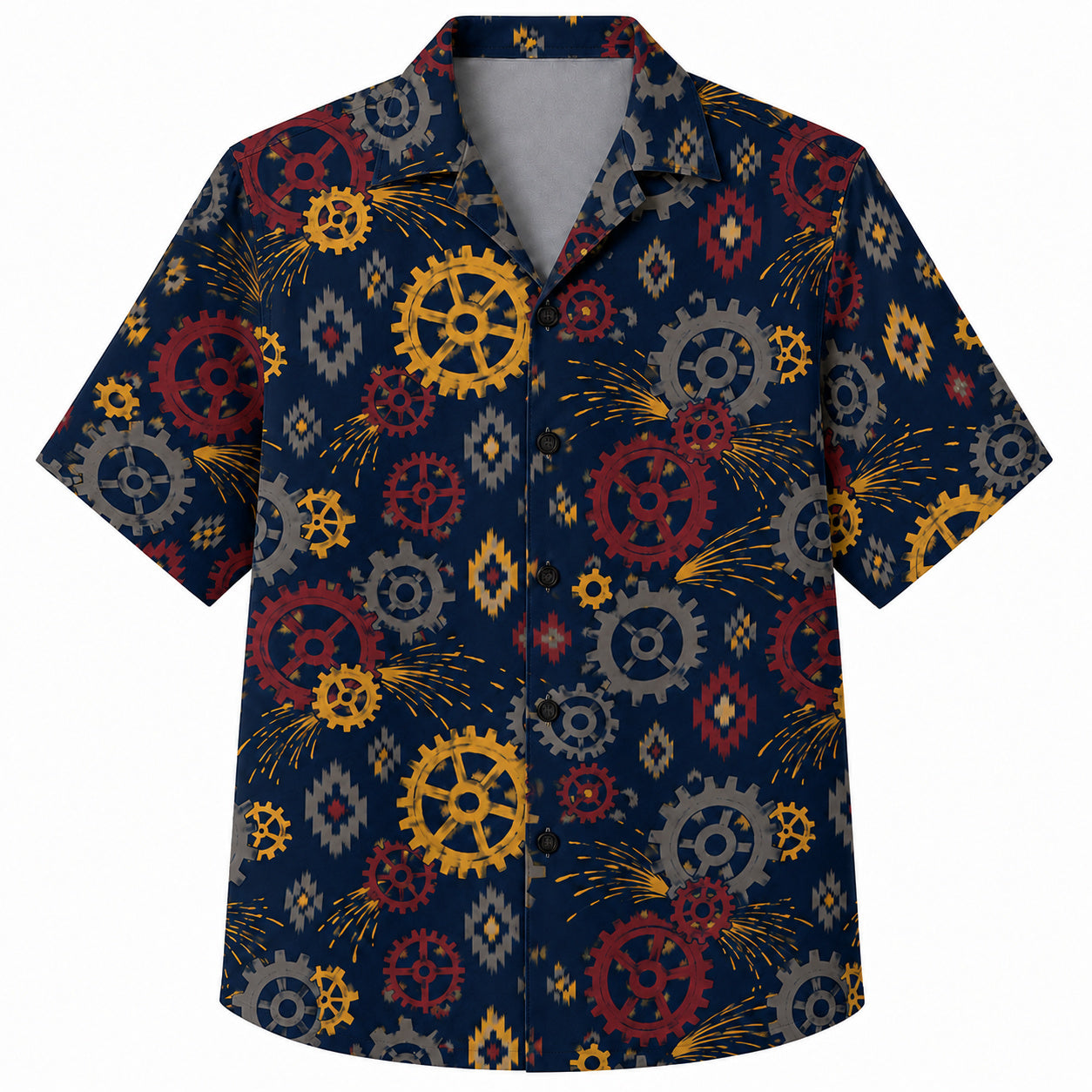 Labor Day Hawaiian Shirt- Gear and Spark Aztec Diamond Print in Navy
