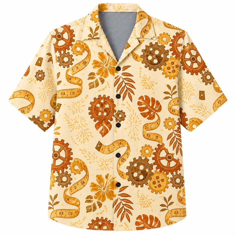 Labor Day Hawaiian Shirt- Gear and Tape Measure Bloom Print for Summer