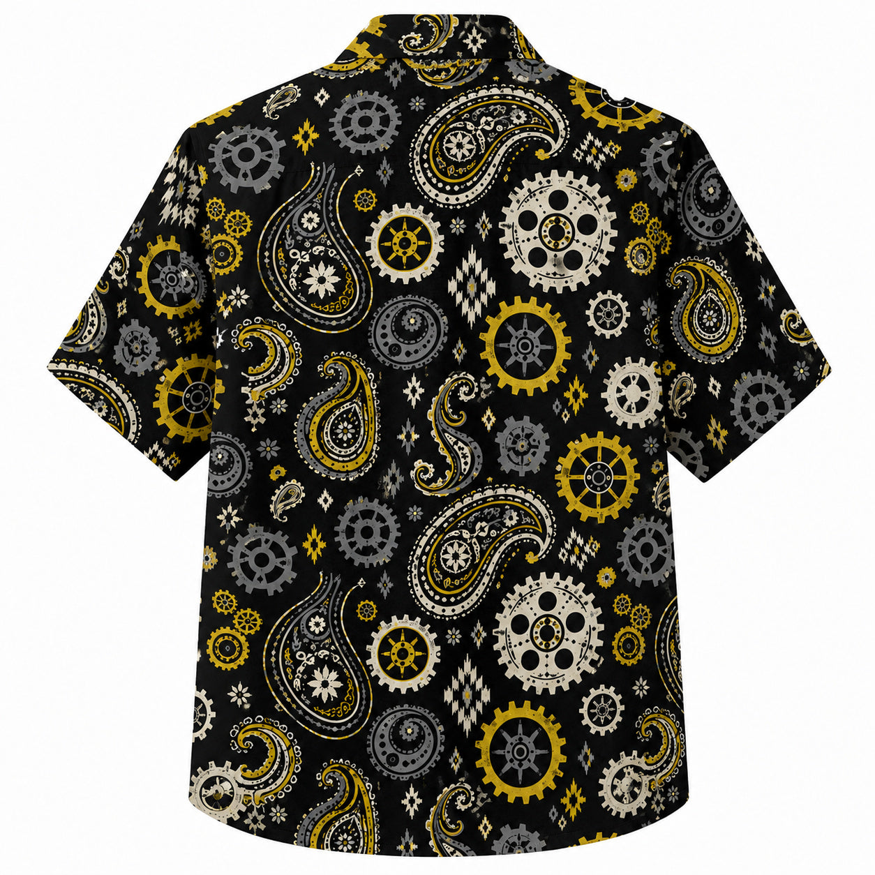 Labor Day Hawaiian Shirt- Gilded Paisley and Gear Motif Print in Black