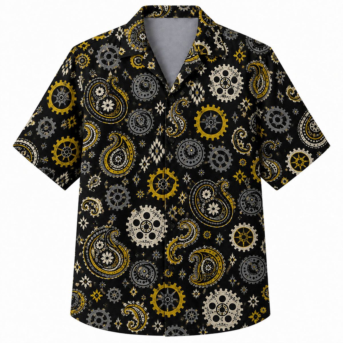 Labor Day Hawaiian Shirt- Gilded Paisley and Gear Motif Print in Black