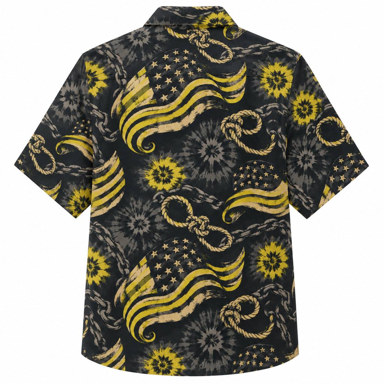 Labor Day Hawaiian Shirt- Gold Flag and Sunburst Tie Dye Print in Black